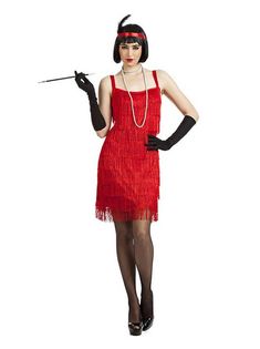 a woman in a red flap dress and black gloves is holding a stick with her right hand