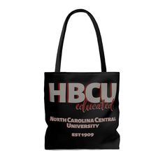 HBCU Educated North Carolina Central University Tote Bag, AOP Tote, HBCU College and Universities Tote Bag , Black and Educated Available in two sizes, this trendy Tote is perfect for your weekend at the beach or in town. Made from reliable materials, lasting for seasons. 100% Polyester Boxed corners Black cotton handles Black lining Black Tote Bag With Letter Print, Black Rectangular Bag With Letter Print, Black Rectangular Shoulder Bag With Letter Print, Rectangular Black Shoulder Bag With Letter Print, Black Shoulder Bag With Letter Print As Gift, University Tote Bag, North Carolina Central University, Hbcu Colleges, Office Christmas Gifts