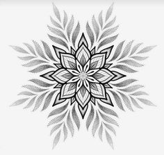 a black and white drawing of a flower with leaves in the center on a white background