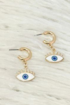 These stylish and lightweight Evil Eye Stud Earrings are crafted with a gold-colored finish and are lead and nickel compliant. Their half-hoop stud design paired with an eye-catching evil eye dangle make them perfect for any occasion and guaranteed to add a touch of glamour to any look. Approx. Size: .75” X 1.5” drop Cheap Evil Eye Drop Earrings, Stud Design, Evil Eye, Stud Earrings, Gold, Color, Design