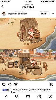 two pictures of people on the beach and one has a house with a pirate's hat