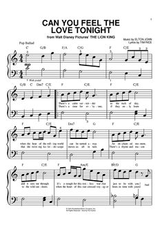 sheet music with the words can you feel the love tonight?