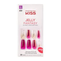 Wear the trendiest gel nails in town, with an on-trend translucent jelly design, an amazing gel shine, an ultra smooth finish, in the latest fashion forward colors and lengths! Like the look of salon acrylic false nails, but these ready-to-wear versions are not high maintenance at all, and these babies are yours in minutes. KISS Jelly Fantasy Ready-to-Wear Gel manicure is durable, flexible, and lasts for days! • No LED light required: Gel finish is pre-cured & pre-applied • Salon quality nails s Translucent Nails, Jelly Design, Sculpted Gel Nails, Kiss Products, Sculpted Nails, Pink Gel Nails, Kiss Nails, Fantasy Nails, Pink Gel