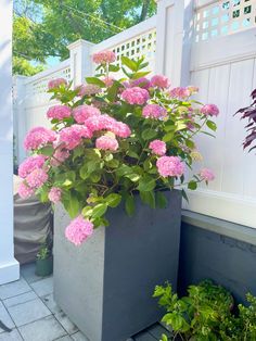 a planter with pink flowers in it sitting on the ground next to a white fence