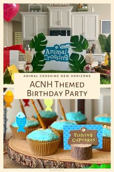 an animal crossing themed birthday party with blue cupcakes and green leafy decorations