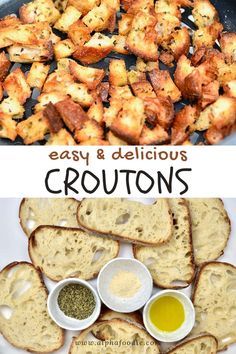 two pictures showing different types of croutons with sauces and bread on the side