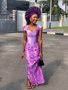 Purples corset gown Lilac Asoebi Styles, Purple Lace Asoebi Styles, Lace Dresses Nigerian African Style, Gele Styles For Asoebi, Purple Asoebi Lace Styles For Wedding, Purple Asoebi, Purple Ankara Dress Styles, Asoebi Corset Styles, Purple Lace Gown Styles Aso Ebi