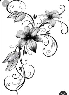 black and white drawing of flowers with swirls on the petals, leaves and scrolls