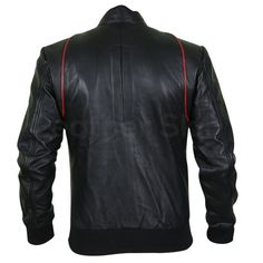 About Leo Red and Black Leather Bomber Jacket One of the best things about a black leather jacket is that it can never go wrong no matter what the occasion. Here’s your chance to flaunt the real hunk in you by getting this dapper black genuine leather jacket with red stripe design. The shoulder epaulets and padded sleeves add extra comfort while the high-quality leather makes the jacket durable enough to last in your closet for ages! The elastic material at the bottom of the jacket gives you the perfect fit while the high cut armholes give the jacket its slim fit. Its range of features include; Elastic black material at the jacket bottom for fitting Red stripes Zipper pocket on the left side The elastic material on the sleeve ends for fitting Double button closure on the collar It’s not ha Black Biker Leather Jacket For Formal Occasions, Pink Biker Jacket, Blue Leather Jacket, Long Leather Coat, Leather Jacket With Hood, Leather Skin, Mens Black Leather, Genuine Leather Jackets, Brown Leather Jacket