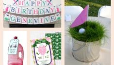 a collage of photos with pink and green items in them, including a vase filled with grass