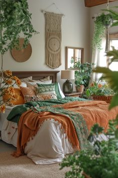 a bed room with a neatly made bed and lots of plants