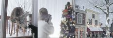 two pictures of people standing in front of a store window with christmas decorations on the windowsill