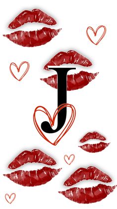 lipstick kisses with the letter j on them and hearts floating around in the air above