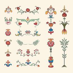 an assortment of floral designs on a white background