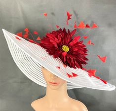 Red Daisy Kentucky Derby White Hat for Women,ready to Ship - Etsy Fitted Hat With Round Crown For Kentucky Derby, White Adjustable Hats With Structured Crown, White Adjustable Hat With Structured Crown, Kentucky Derby Structured Crown Hat For Races, White Structured Crown Hat For Kentucky Derby, White Structured Crown Hat For Races, Royal Ascot High Crown Costume Hats, High Crown Top Hat For Kentucky Derby, Red Adjustable Hat With Structured Crown