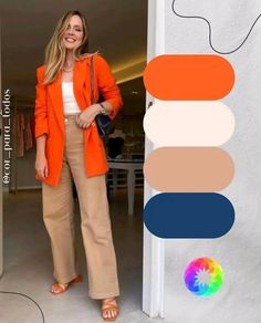 Blazer Naranja Outfit Mujer, Orange Blazer Outfits, Pantalon Orange, Mode Ab 50, Orange Blazer