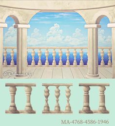 an image of a balcony with pillars and clouds in the sky over water below it