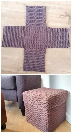 two pictures show the same chair and foot rest, one is made out of knitted fabric