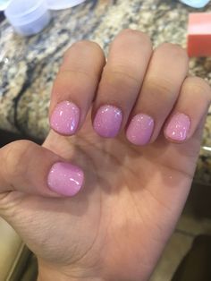 Anc Nails Short, Very Short Arclyc Nail, January Pink Nails, Milky White Valentines Day Nails, Simple Spring Nails Pink, Natural Pink Nails With Glitter, Short Glittery Nail Ideas, Short Round Gel Nails Summer, Pink Powder Dip Nails