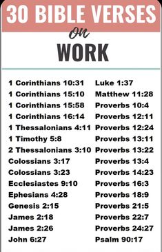 the 30 bible verses on work sign with pink and white lettering, in front of a