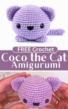 a crocheted purple teddy bear with the text free crochet coco the cat amigurmi