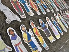 Printable Bible characters - great for a felt board or as magnets. Could be fun for family scripture study, quiet time during church meetings, or primary lessons. This blogger recommends using milk filter paper to print and cut images out to stick on a felt board. Printables can be found at www.activity-mom.com Bible People, Godly Play, Sunday School Classroom, Preschool Bible, Christian Crafts, Childrens Bible, Bible Characters, Church Activities, Bible Time