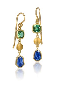 Gold & Stone Earrings - These vibrant blue-and-green earrings are part of Diana Widmans fresh take on playful clusters of fine gemstones; here, blue sapphire (0.70ct) and bright green tourmaline (1.25ct) frame a hammered 22K gold dome. Elegant but suitable for everyday, and certainly one-of-a-kind. Gold ear wires. Gold Stone Earrings, Artful Home, Gold Stone, Green Earrings, Sapphire Earrings, Vibrant Blue, Green Tourmaline, Sapphire Gemstone, 22k Gold