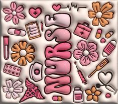 an image of the word candy written in pink and orange letters surrounded by other items