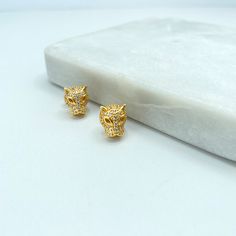 18k Gold Filled or Silver Filled Micro Pave Cubic Zirconia Panther Head Shape Stud Earrings, Leopard Stud Earrings.Earrings Size:Length: 10mm | Width: 9mm | Thickness: 6mm Gold Earrings With Cubic Zirconia Diamond Eyes, Luxury Gold Earrings With Diamond Eyes, Gold 14k Pave Set Hoop Earrings, Cartier Earrings Panther, Lion Stud Earrings, Bezel-set Cubic Zirconia Solitaire Eye With Eyelashes Stud Earrings Banter, Yellow Gold Snake-shaped Earrings, Head Shapes, Anklet Bracelet