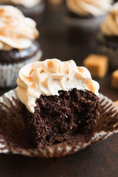 a chocolate cupcake with white frosting on a plate