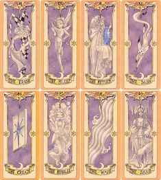 six different tarot cards with angels and other things on them, all in yellow