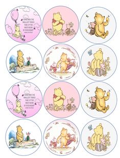 winnie the pooh cupcake toppers are shown in pink and blue, as well as