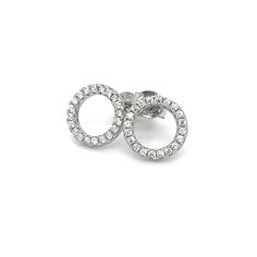 A pair of Super Silver CZ Outline Circle Studs with diamonds. Modern Cubic Zirconia Round Cut Earrings, Modern Round Cut Cubic Zirconia Earrings, Modern Cubic Zirconia Earrings With Halo Design, Modern Cubic Zirconia Hoop Earrings, Modern Round Cubic Zirconia Hoop Earrings, Modern Halo Earrings For Anniversary, Halo Designed Circle Cubic Zirconia Jewelry, Cubic Zirconia Jewelry With Halo Design And Circle Shape, Modern Sparkling Round Earrings