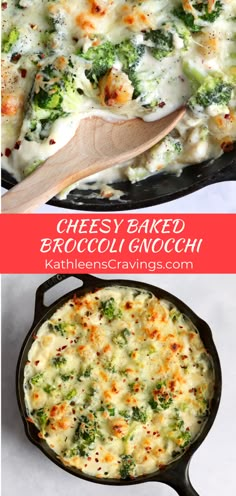 cheesy baked broccoli and cheese casserole in a cast iron skillet