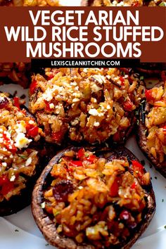 vegetarian wild rice stuffed mushrooms on a white plate