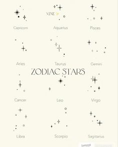 zodiac stars are arranged in the shape of letters and numbers on a white background with black lettering