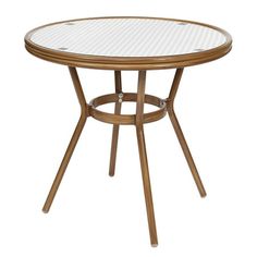 an outdoor table with a glass top and wooden legs, against a white background or backdrop