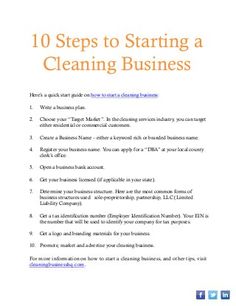 a white paper with the words 10 steps to starting a cleaning business written in orange