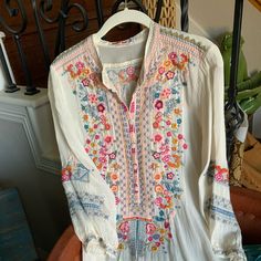 Cute Johnny Was Blouse. Worn One Time. Excellent Condition. Like New Chic Pink Blouse With Floral Embroidery, Pink Floral Embroidered Tops For Brunch, Johnny Was Plus Size Clothing, Embroidered Bohemian Button-up Blouse, Multicolor Non-stretch Bohemian Blouse, Johnny Was Clothing Shirts & Tops, Johnny Was, Like New, Top Blouse