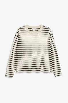 Off-white striped soft long-sleeve top - Off-white & black stripes - Monki WW Winter Blouses, Striped Art, White Long Sleeve Top, Boat Neck Tops, Fall Capsule Wardrobe, Long Sleeve Striped Top, Vintage Fits, Striped Long Sleeve, White Long Sleeve