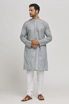 Pastel grey cotton kurta with sequins and thread embroidered checkered pattern. Comes with churidar. - Aza Fashions Silver Traditional Wear With Resham Embroidery For Diwali, Diwali Silver Traditional Wear With Resham Embroidery, Gray Resham Embroidery Kurta For Wedding, Silver Traditional Wear With Resham Embroidery For Festive Occasions, Silver Designer Traditional Wear For Eid, Designer Silver Traditional Wear For Eid, Festive Silver Traditional Wear With Resham Embroidery, Festive Embroidered Gray Sets, Festive Gray Sets For Eid