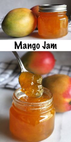 mango jam in a glass jar with a spoon full of it next to an apple