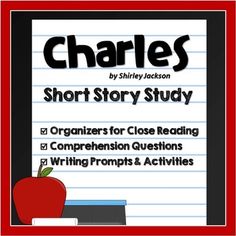 a book cover for charles's short story study with an apple and bookshelf