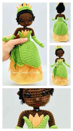 the crocheted doll is wearing a green dress