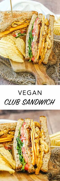 vegan club sandwich with fries on the side