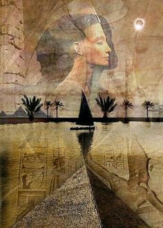 an egyptian painting with the image of queen nefere and pyramids in the background