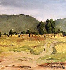 an oil painting of a dirt road in front of some hills and trees on the other side