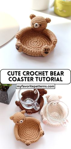 the crochet bear coaster is sitting next to two glasses and a cup holder