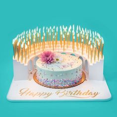 a birthday cake sitting on top of a white plate with candles sticking out of it