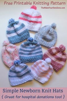 knitted hats with text that reads simple newborn knit hats great for hospital donations too